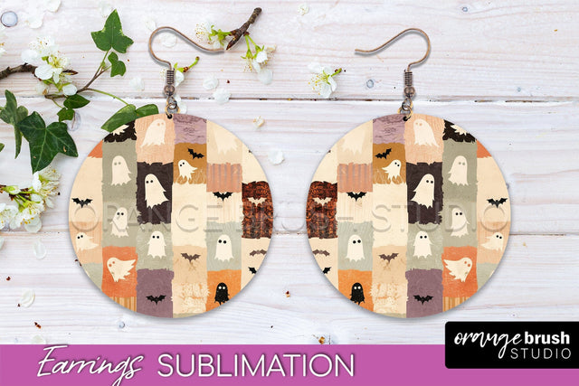 Patchwork Halloween Earrings Round Earrings Sublimation Sublimation OrangeBrushStudio 