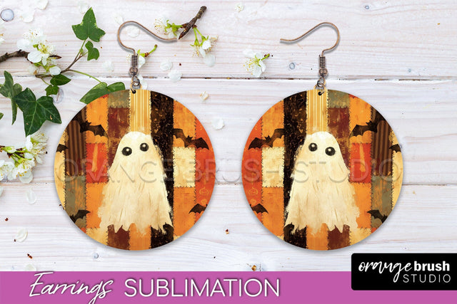 Patchwork Halloween Earrings Round Earrings Sublimation Sublimation OrangeBrushStudio 