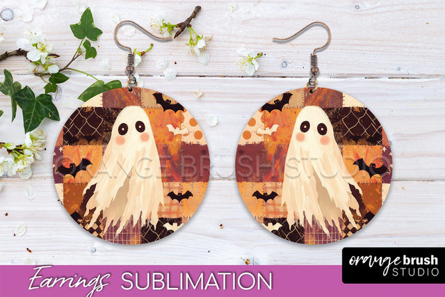 Patchwork Halloween Earrings Round Earrings Sublimation Sublimation OrangeBrushStudio 