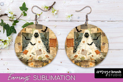 Patchwork Halloween Earrings Round Earrings Sublimation Sublimation OrangeBrushStudio 