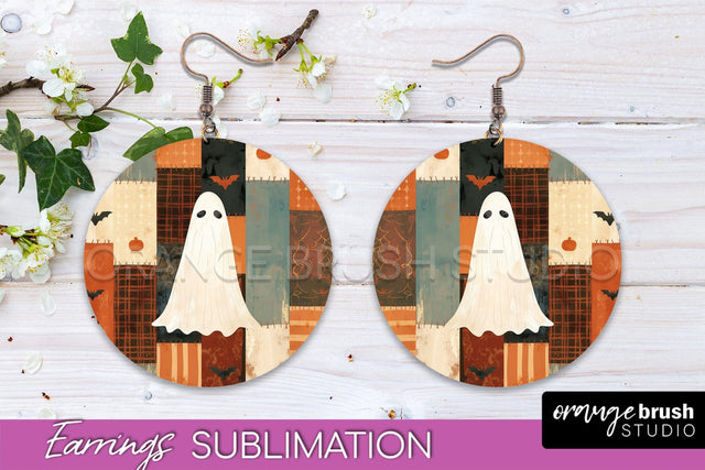 Patchwork Halloween Earrings Round Earrings Sublimation Sublimation OrangeBrushStudio 
