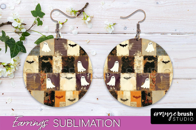 Patchwork Halloween Earrings Round Earrings Sublimation Sublimation OrangeBrushStudio 