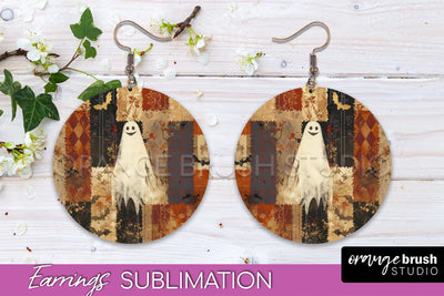 Patchwork Halloween Earrings Round Earrings Sublimation Sublimation OrangeBrushStudio 