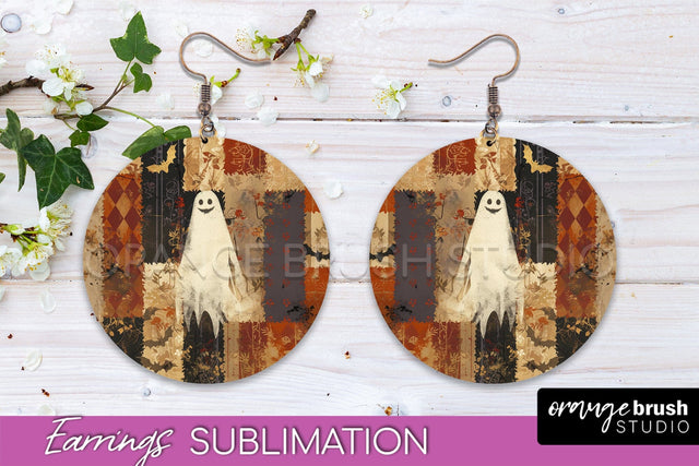 Patchwork Halloween Earrings Round Earrings Sublimation Sublimation OrangeBrushStudio 