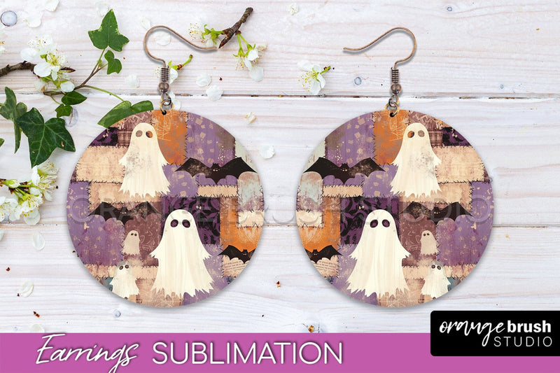 Patchwork Halloween Earrings Round Earrings Sublimation Sublimation OrangeBrushStudio 