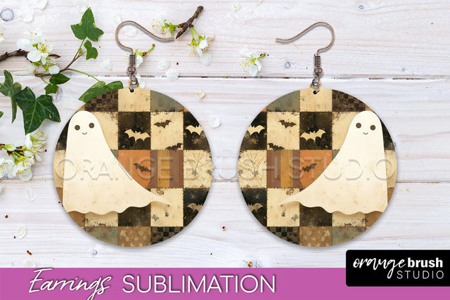 Patchwork Halloween Earrings Round Earrings Sublimation Sublimation OrangeBrushStudio 