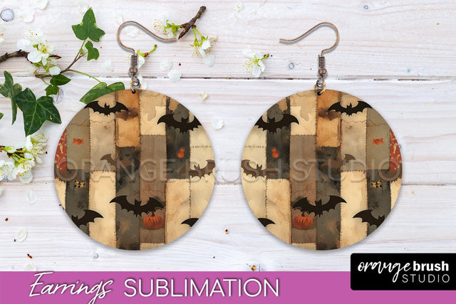Patchwork Halloween Earrings Round Earrings Sublimation Sublimation OrangeBrushStudio 