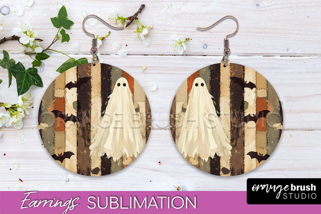 Patchwork Halloween Earrings Round Earrings Sublimation Sublimation OrangeBrushStudio 