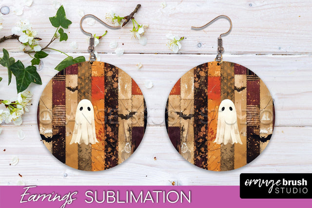 Patchwork Halloween Earrings Round Earrings Sublimation Sublimation OrangeBrushStudio 