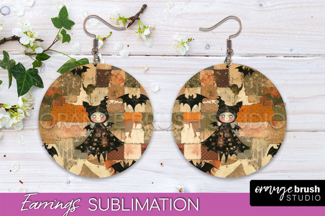 Patchwork Halloween Earrings Round Earrings Sublimation Sublimation OrangeBrushStudio 