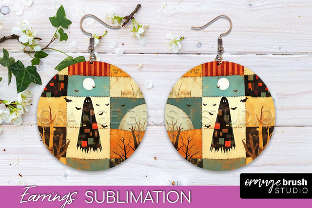 Patchwork Halloween Earrings Round Earrings Sublimation Sublimation OrangeBrushStudio 