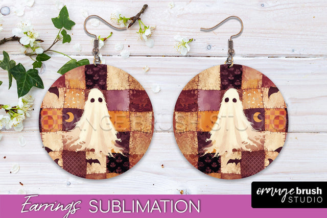 Patchwork Halloween Earrings Round Earrings Sublimation Sublimation OrangeBrushStudio 