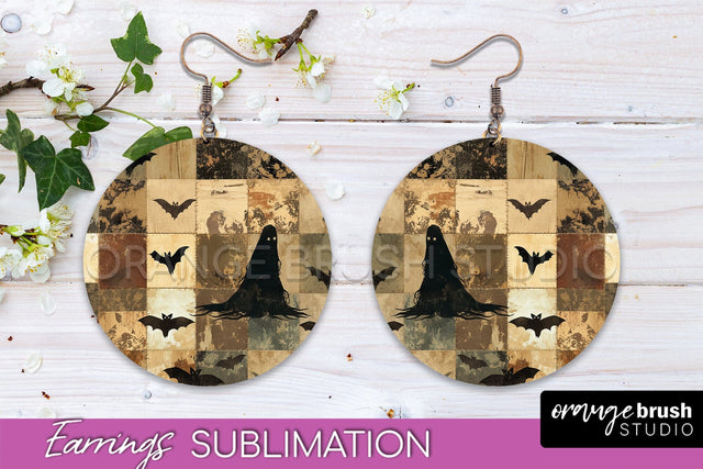 Patchwork Halloween Earrings Round Earrings Sublimation Sublimation OrangeBrushStudio 