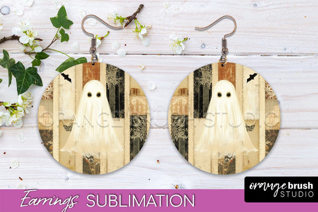 Patchwork Halloween Earrings Round Earrings Sublimation Sublimation OrangeBrushStudio 