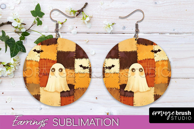 Patchwork Halloween Earrings Round Earrings Sublimation Sublimation OrangeBrushStudio 