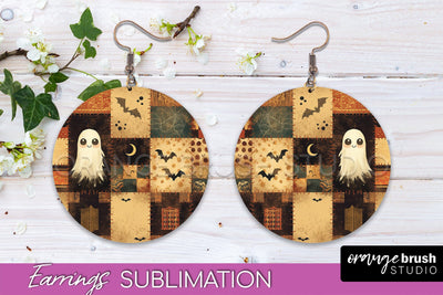 Patchwork Halloween Earrings Round Earrings Sublimation Sublimation OrangeBrushStudio 