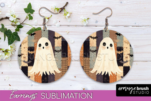 Patchwork Halloween Earrings Round Earrings Sublimation Sublimation OrangeBrushStudio 