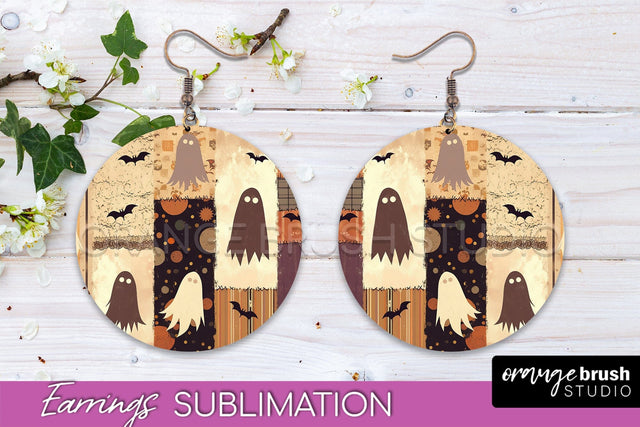 Patchwork Halloween Earrings Round Earrings Sublimation Sublimation OrangeBrushStudio 