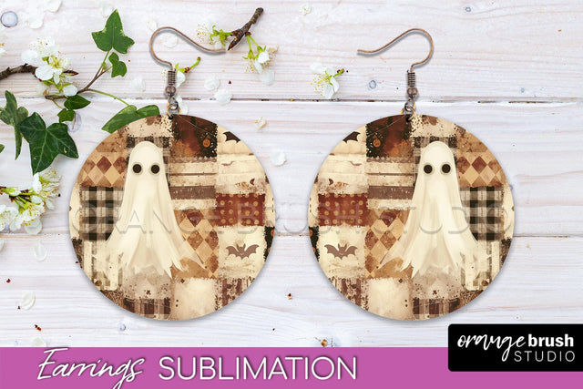 Patchwork Halloween Earrings Round Earrings Sublimation Sublimation OrangeBrushStudio 