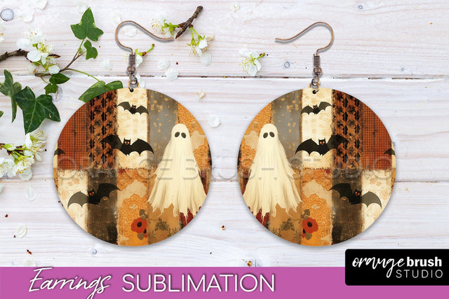 Patchwork Halloween Earrings Round Earrings Sublimation Sublimation OrangeBrushStudio 