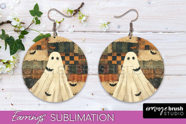 Patchwork Halloween Earrings Round Earrings Sublimation Sublimation OrangeBrushStudio 