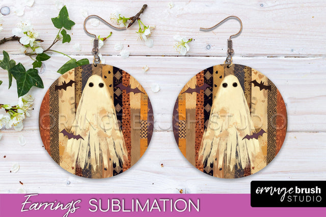 Patchwork Halloween Earrings Round Earrings Sublimation Sublimation OrangeBrushStudio 
