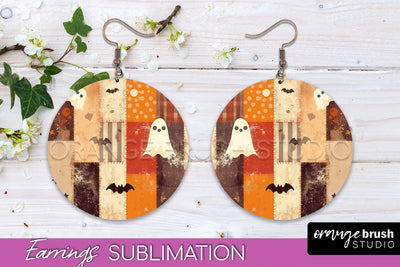 Patchwork Halloween Earrings Round Earrings Sublimation Sublimation OrangeBrushStudio 