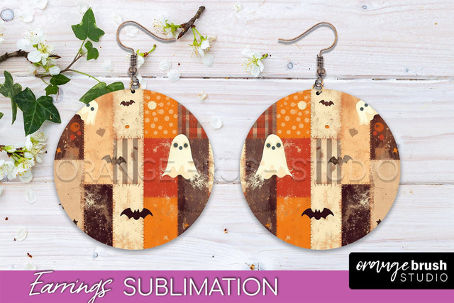Patchwork Halloween Earrings Round Earrings Sublimation Sublimation OrangeBrushStudio 