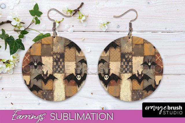 Patchwork Halloween Earrings Round Earrings Sublimation Sublimation OrangeBrushStudio 