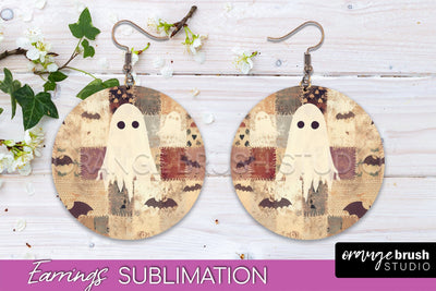 Patchwork Halloween Earrings Round Earrings Sublimation Sublimation OrangeBrushStudio 