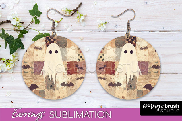 Patchwork Halloween Earrings Round Earrings Sublimation Sublimation OrangeBrushStudio 
