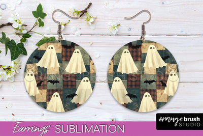 Patchwork Halloween Earrings Round Earrings Sublimation Sublimation OrangeBrushStudio 