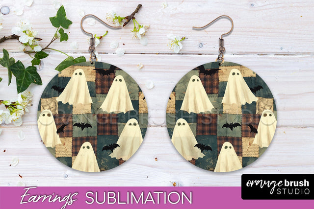 Patchwork Halloween Earrings Round Earrings Sublimation Sublimation OrangeBrushStudio 