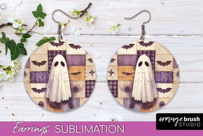 Patchwork Halloween Earrings Round Earrings Sublimation Sublimation OrangeBrushStudio 