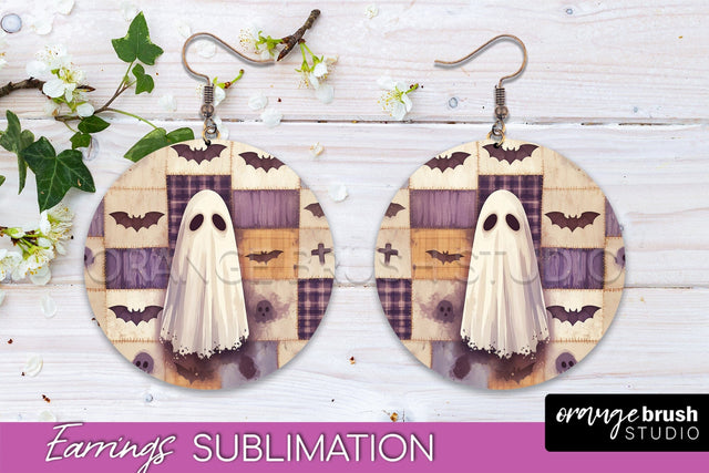Patchwork Halloween Earrings Round Earrings Sublimation Sublimation OrangeBrushStudio 
