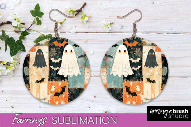 Patchwork Halloween Earrings Round Earrings Sublimation Sublimation OrangeBrushStudio 
