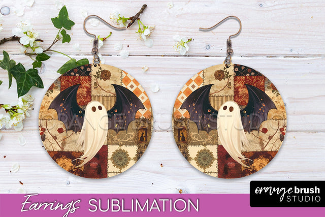 Patchwork Halloween Earrings Round Earrings Sublimation Sublimation OrangeBrushStudio 
