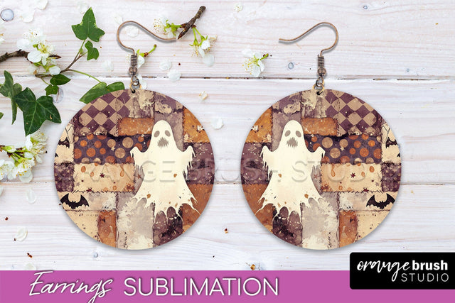 Patchwork Halloween Earrings Round Earrings Sublimation Sublimation OrangeBrushStudio 