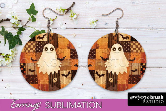 Patchwork Halloween Earrings Round Earrings Sublimation Sublimation OrangeBrushStudio 