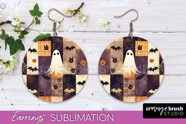 Patchwork Halloween Earrings Round Earrings Sublimation Sublimation OrangeBrushStudio 