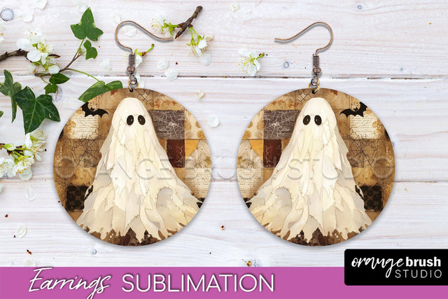Patchwork Halloween Earrings Round Earrings Sublimation Sublimation OrangeBrushStudio 