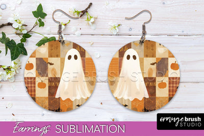 Patchwork Halloween Earrings Round Earrings Sublimation Sublimation OrangeBrushStudio 