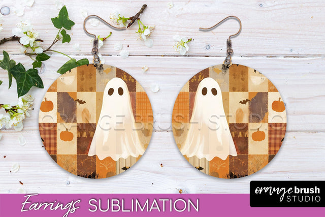 Patchwork Halloween Earrings Round Earrings Sublimation Sublimation OrangeBrushStudio 