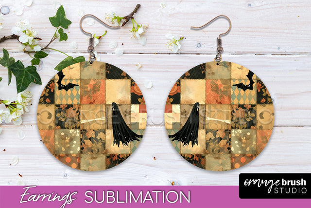 Patchwork Halloween Earrings Round Earrings Sublimation Sublimation OrangeBrushStudio 