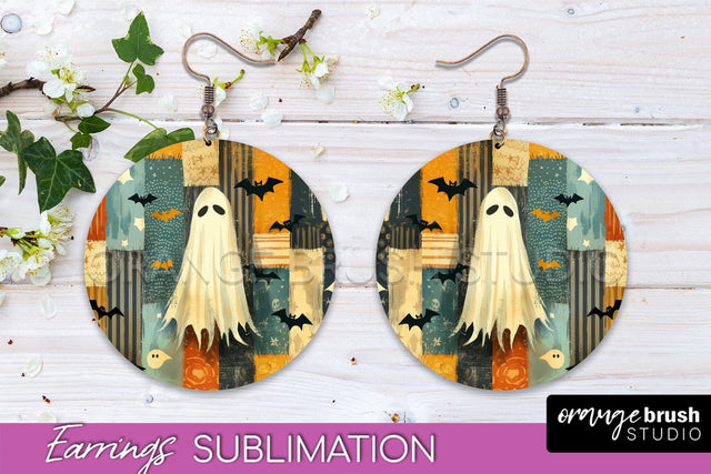 Patchwork Halloween Earrings Round Earrings Sublimation Sublimation OrangeBrushStudio 