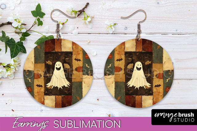 Patchwork Halloween Earrings Round Earrings Sublimation Sublimation OrangeBrushStudio 