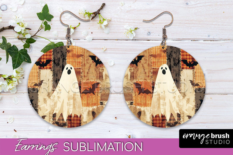 Patchwork Halloween Earrings Round Earrings Sublimation Sublimation OrangeBrushStudio 