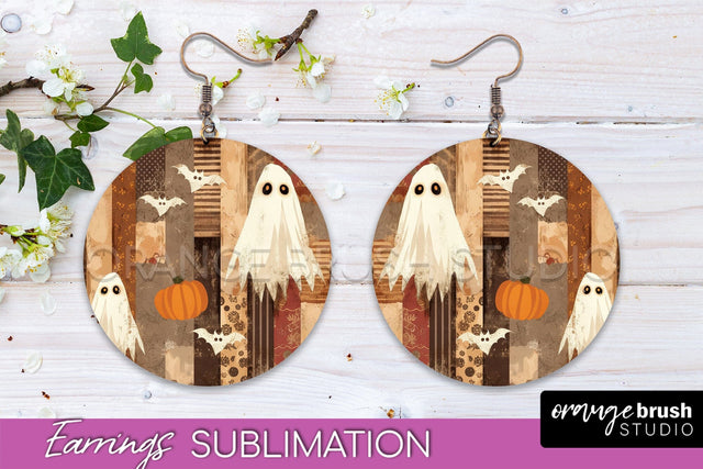 Patchwork Halloween Earrings Round Earrings Sublimation Sublimation OrangeBrushStudio 