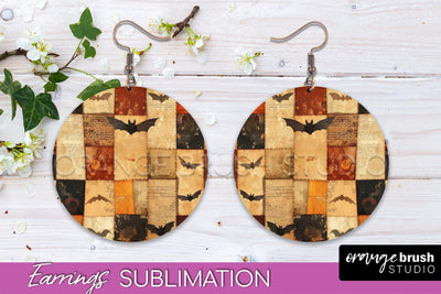 Patchwork Halloween Earrings Round Earrings Sublimation Sublimation OrangeBrushStudio 
