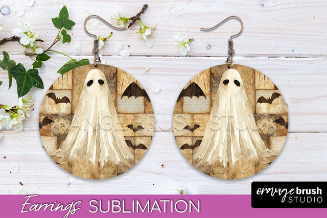 Patchwork Halloween Earrings Round Earrings Sublimation Sublimation OrangeBrushStudio 